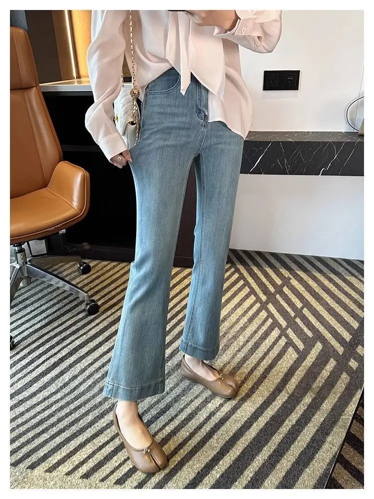 Vintage Micro-La Jeans Women's Spring and Summer 2025 New Stretch High Waist Slim-fit Nine-point Horseshoe Flared Pants for Small Men — feature 18
