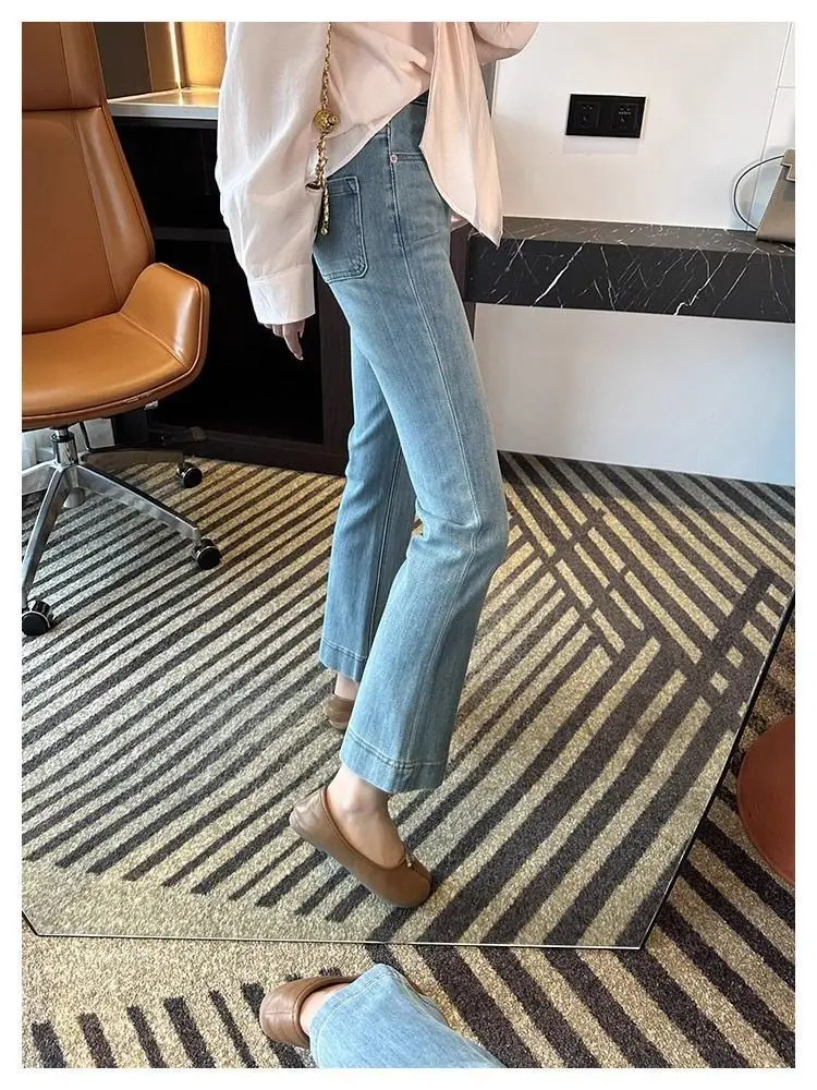 Vintage Micro-La Jeans Women's Spring and Summer 2025 New Stretch High Waist Slim-fit Nine-point Horseshoe Flared Pants for Small Men — feature 19