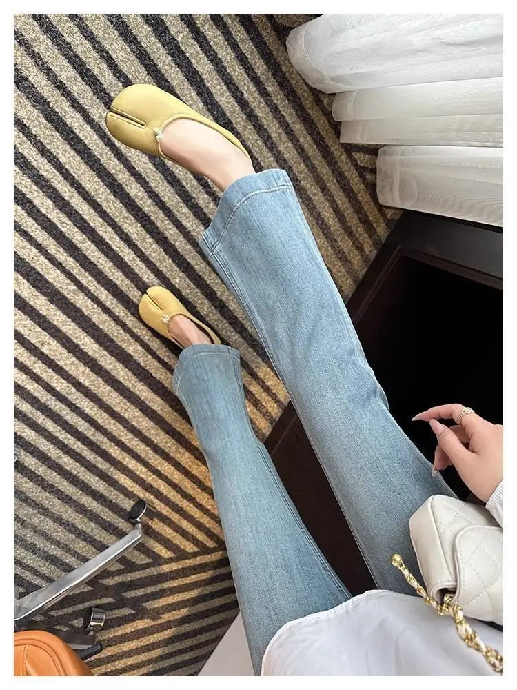 Vintage Micro-La Jeans Women's Spring and Summer 2025 New Stretch High Waist Slim-fit Nine-point Horseshoe Flared Pants for Small Men — feature 2