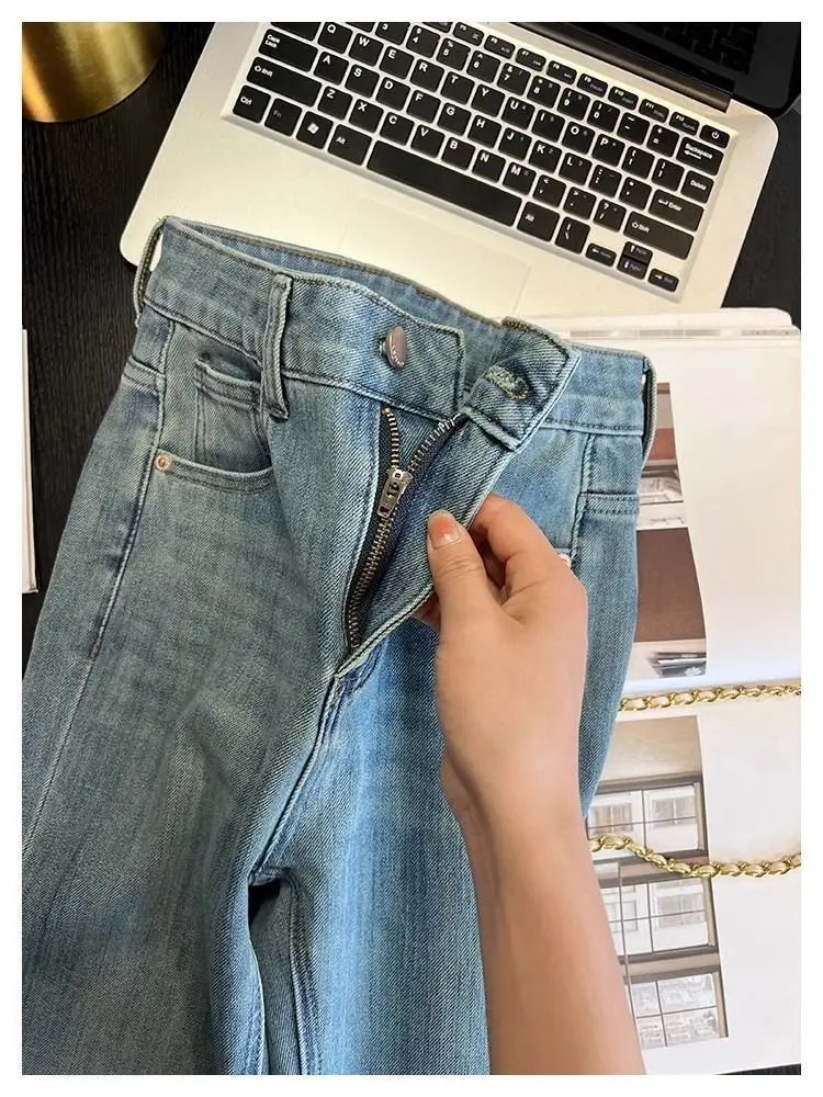Vintage Micro-La Jeans Women's Spring and Summer 2025 New Stretch High Waist Slim-fit Nine-point Horseshoe Flared Pants for Small Men — feature 20