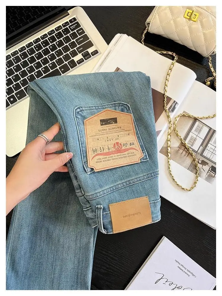 Vintage Micro-La Jeans Women's Spring and Summer 2025 New Stretch High Waist Slim-fit Nine-point Horseshoe Flared Pants for Small Men — feature 21