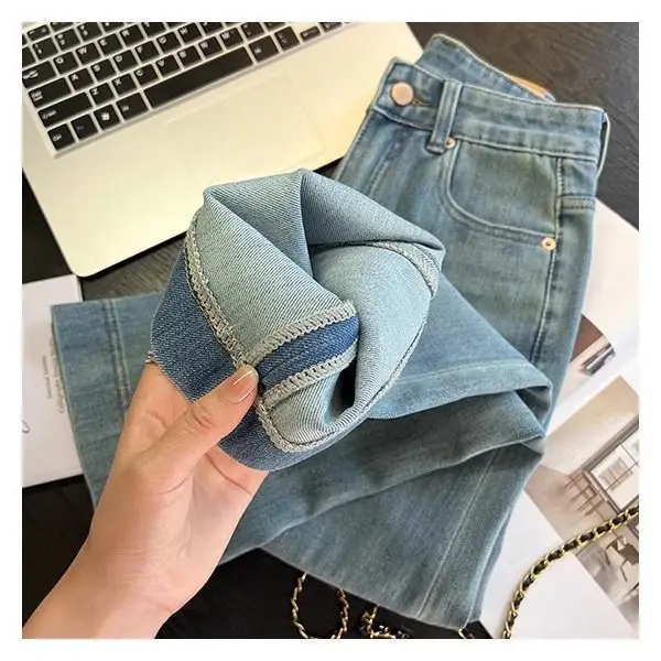 Vintage Micro-La Jeans Women's Spring and Summer 2025 New Stretch High Waist Slim-fit Nine-point Horseshoe Flared Pants for Small Men — feature 4