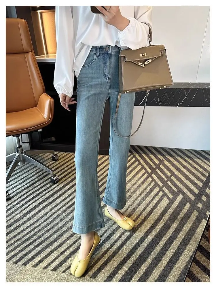 Vintage Micro-La Jeans Women's Spring and Summer 2025 New Stretch High Waist Slim-fit Nine-point Horseshoe Flared Pants for Small Men — feature 8
