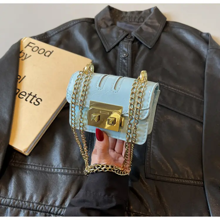 Light Blue Mini Square Crossbody Bag with Gold Clasp — feature 28