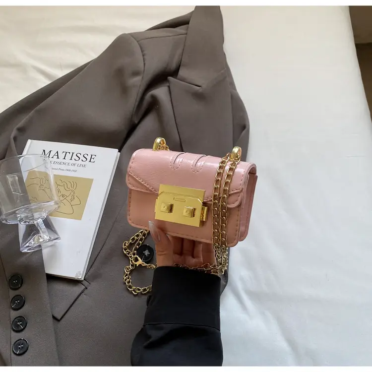 Light Blue Mini Square Crossbody Bag with Gold Clasp - Image 4