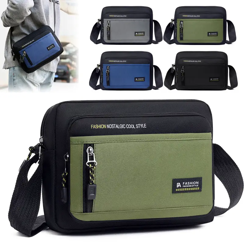 Men's Blue Nylon Crossbody Bag with Zip & Strap - Image 6