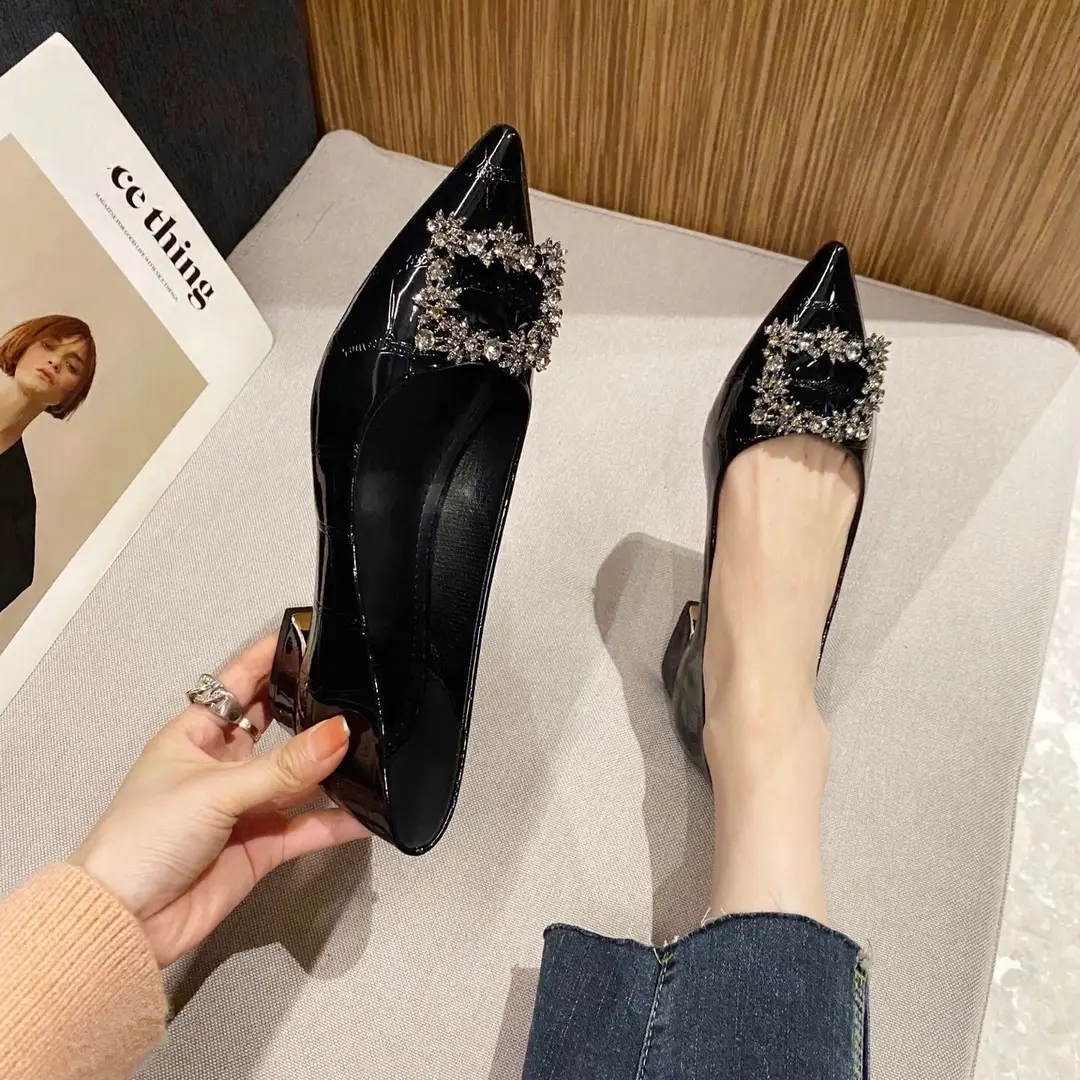 Rhinestone Chunky Heel Women's Shoes with Unique Design, 2026 New Pointed Toe Shallow Flat French-Style Black Work Shoes for Women - Image 2