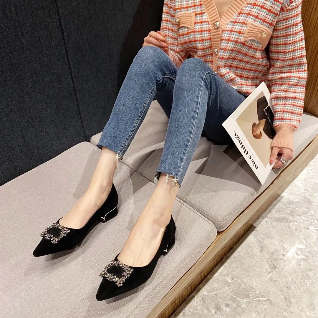 Rhinestone Chunky Heel Women's Shoes with Unique Design, 2026 New Pointed Toe Shallow Flat French-Style Black Work Shoes for Women - Image 3