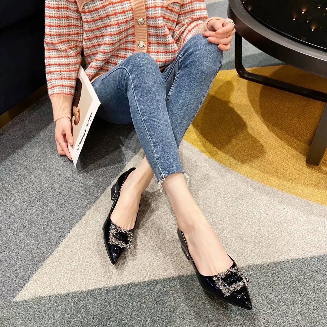 Rhinestone Chunky Heel Women's Shoes with Unique Design, 2026 New Pointed Toe Shallow Flat French-Style Black Work Shoes for Women - Image 4