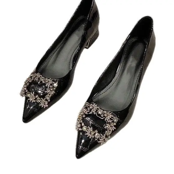 Rhinestone Chunky Heel Women's Shoes with Unique Design, 2026 New Pointed Toe Shallow Flat French-Style Black Work Shoes for Women - Image 5
