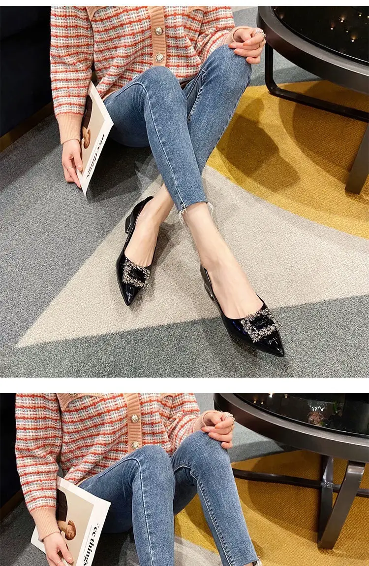 Rhinestone Chunky Heel Women's Shoes with Unique Design, 2026 New Pointed Toe Shallow Flat French-Style Black Work Shoes for Women — feature 2