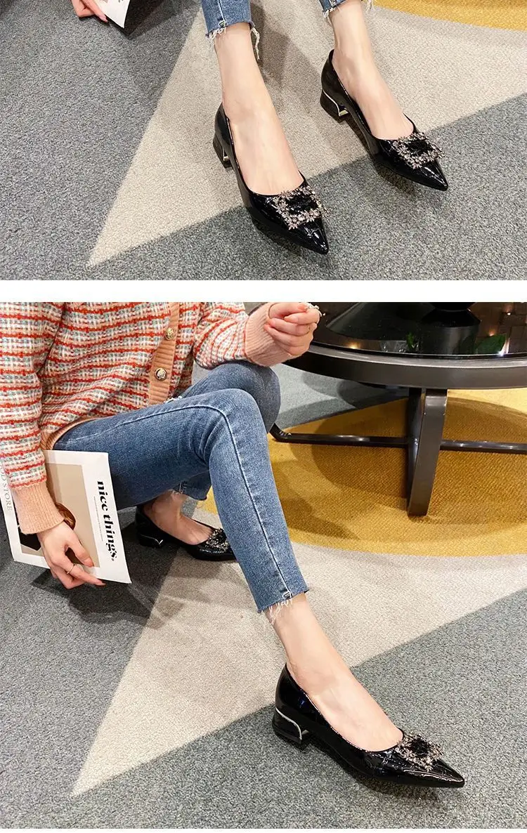 Rhinestone Chunky Heel Women's Shoes with Unique Design, 2026 New Pointed Toe Shallow Flat French-Style Black Work Shoes for Women — feature 3