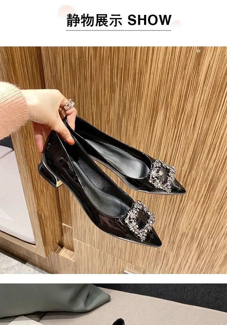 Rhinestone Chunky Heel Women's Shoes with Unique Design, 2026 New Pointed Toe Shallow Flat French-Style Black Work Shoes for Women — feature 4