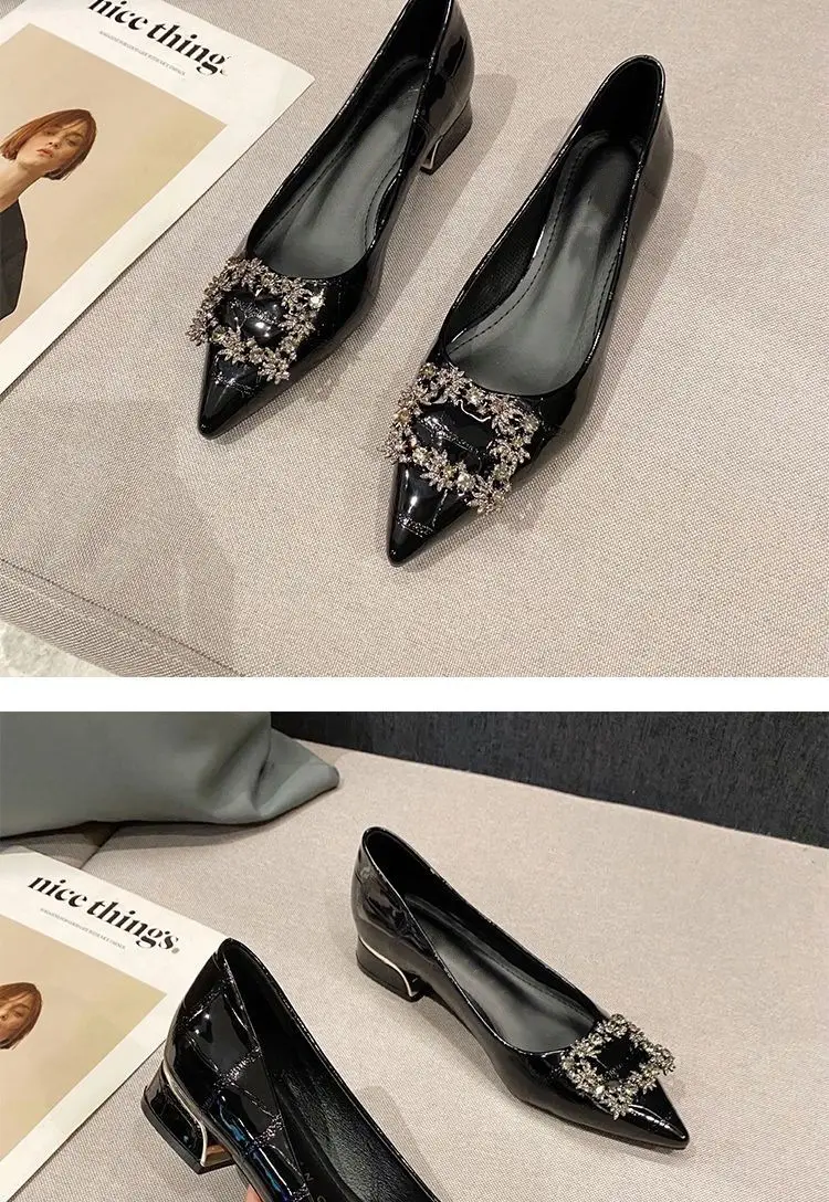 Rhinestone Chunky Heel Women's Shoes with Unique Design, 2026 New Pointed Toe Shallow Flat French-Style Black Work Shoes for Women — feature 5