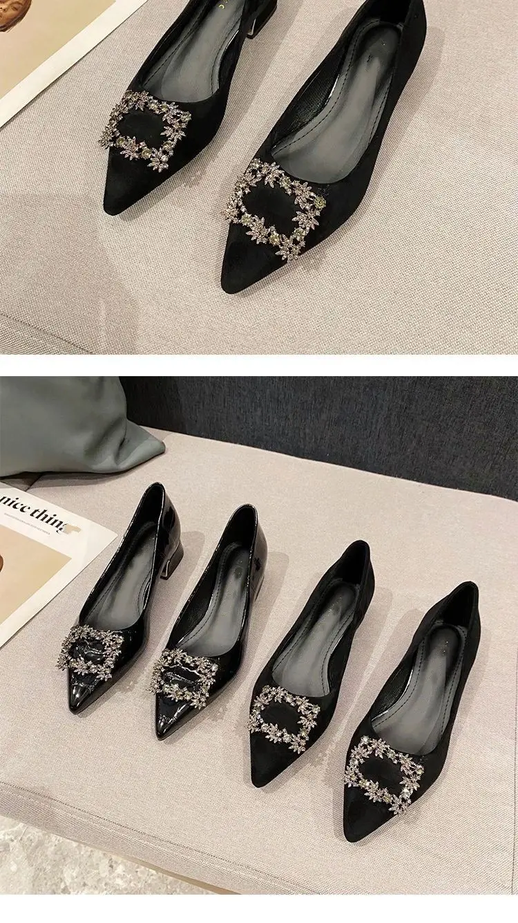 Rhinestone Chunky Heel Women's Shoes with Unique Design, 2026 New Pointed Toe Shallow Flat French-Style Black Work Shoes for Women — feature 6