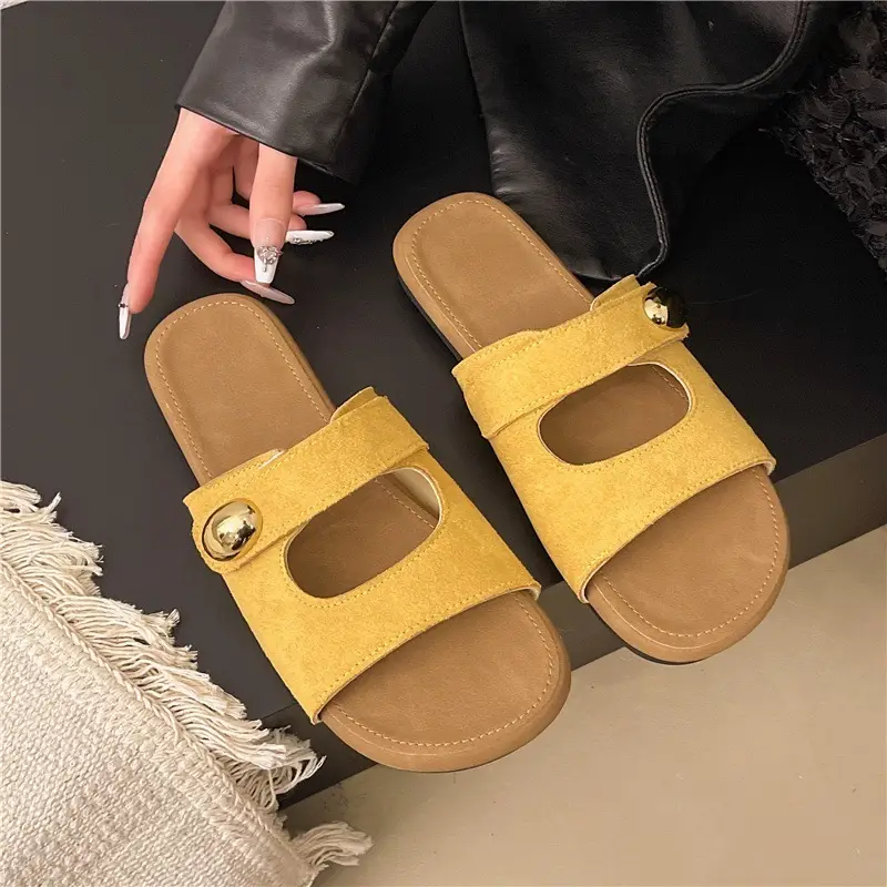 Women Velvet Sandals Beige Gold Button Summer Casual