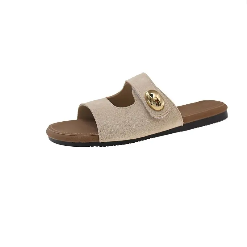 Women Velvet Sandals Beige Gold Button Summer Casual