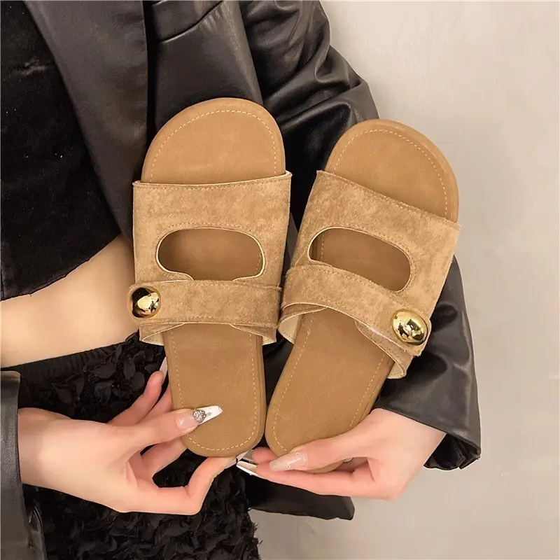 Women Velvet Sandals Beige Gold Button Summer Casual — feature 6