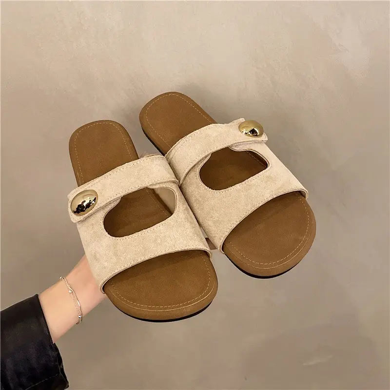 Women Velvet Sandals Beige Gold Button Summer Casual — feature 7