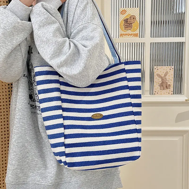 Blue Striped Canvas Shoulder Tote Bag 2025 Korean Style - Image 3