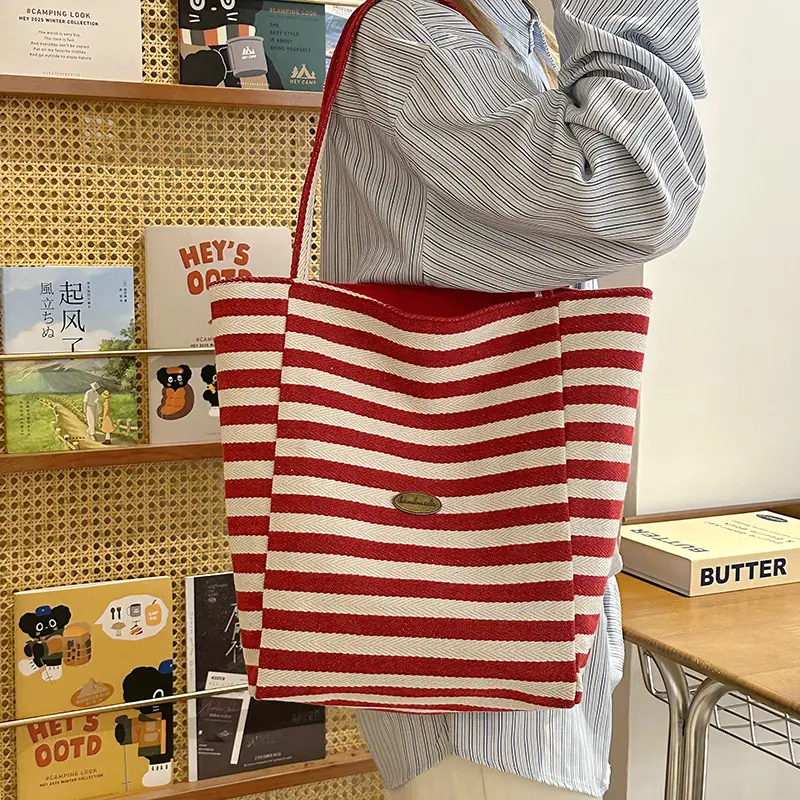 Blue Striped Canvas Shoulder Tote Bag 2025 Korean Style - Image 5