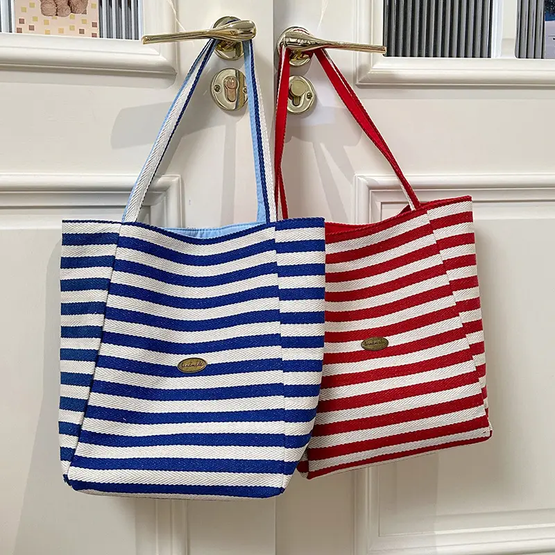 Blue Striped Canvas Shoulder Tote Bag 2025 Korean Style - Image 6