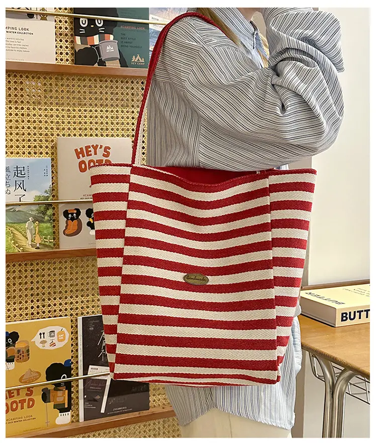 Blue Striped Canvas Shoulder Tote Bag 2025 Korean Style — feature 10