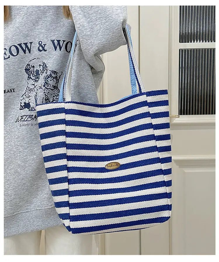 Blue Striped Canvas Shoulder Tote Bag 2025 Korean Style — feature 17