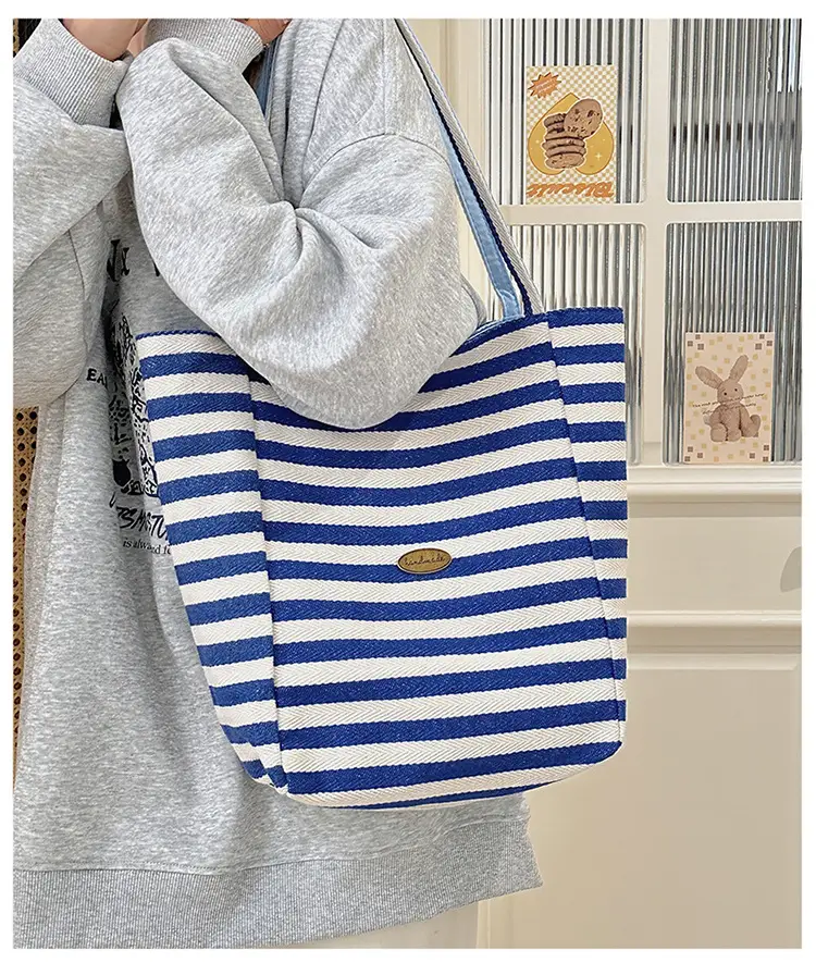Blue Striped Canvas Shoulder Tote Bag 2025 Korean Style — feature 18