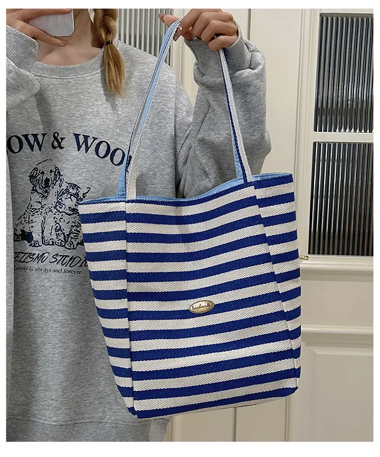 Blue Striped Canvas Shoulder Tote Bag 2025 Korean Style — feature 19