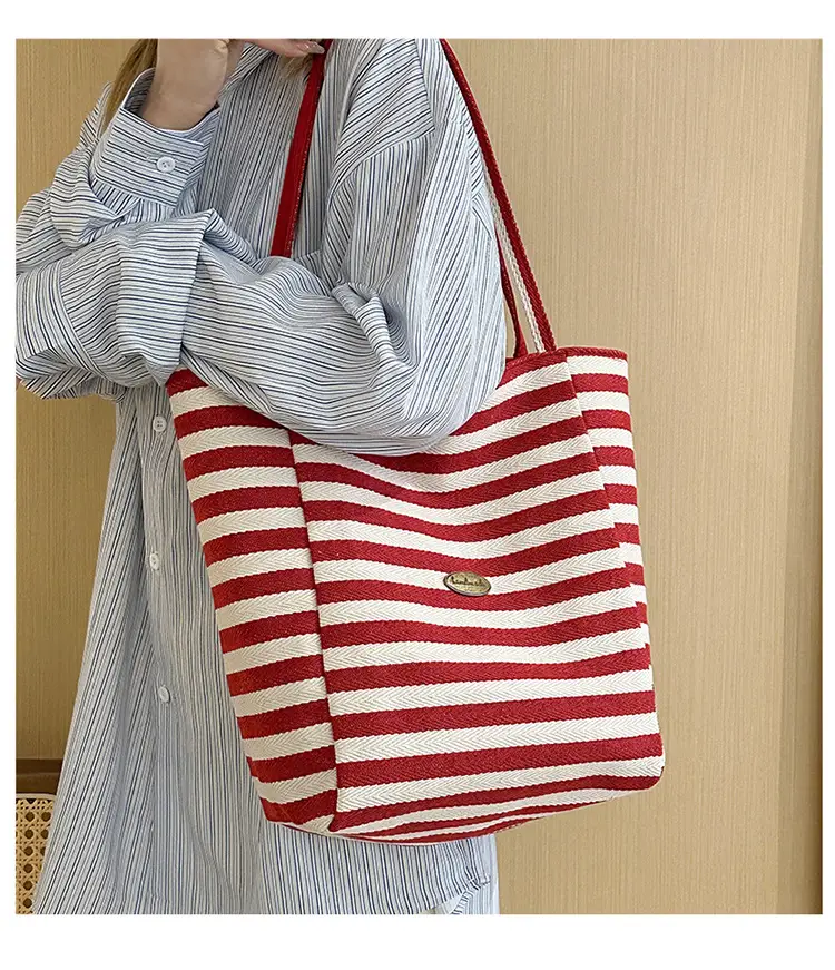 Blue Striped Canvas Shoulder Tote Bag 2025 Korean Style — feature 2