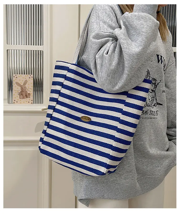 Blue Striped Canvas Shoulder Tote Bag 2025 Korean Style — feature 20