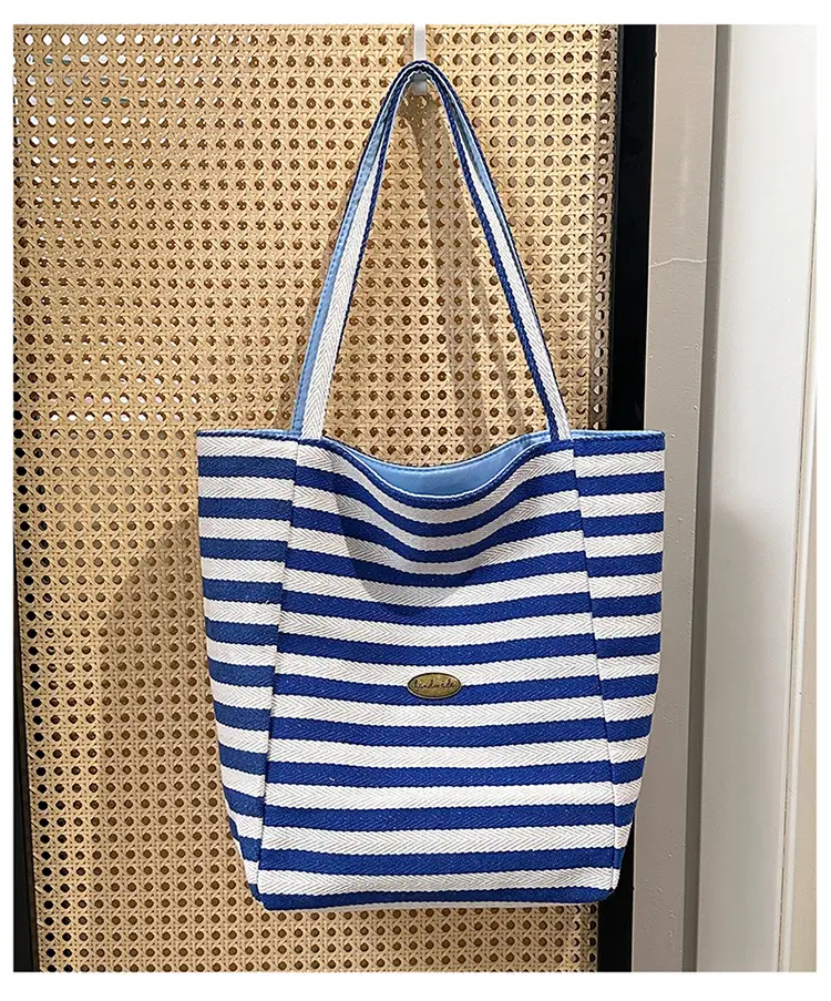 Blue Striped Canvas Shoulder Tote Bag 2025 Korean Style — feature 28