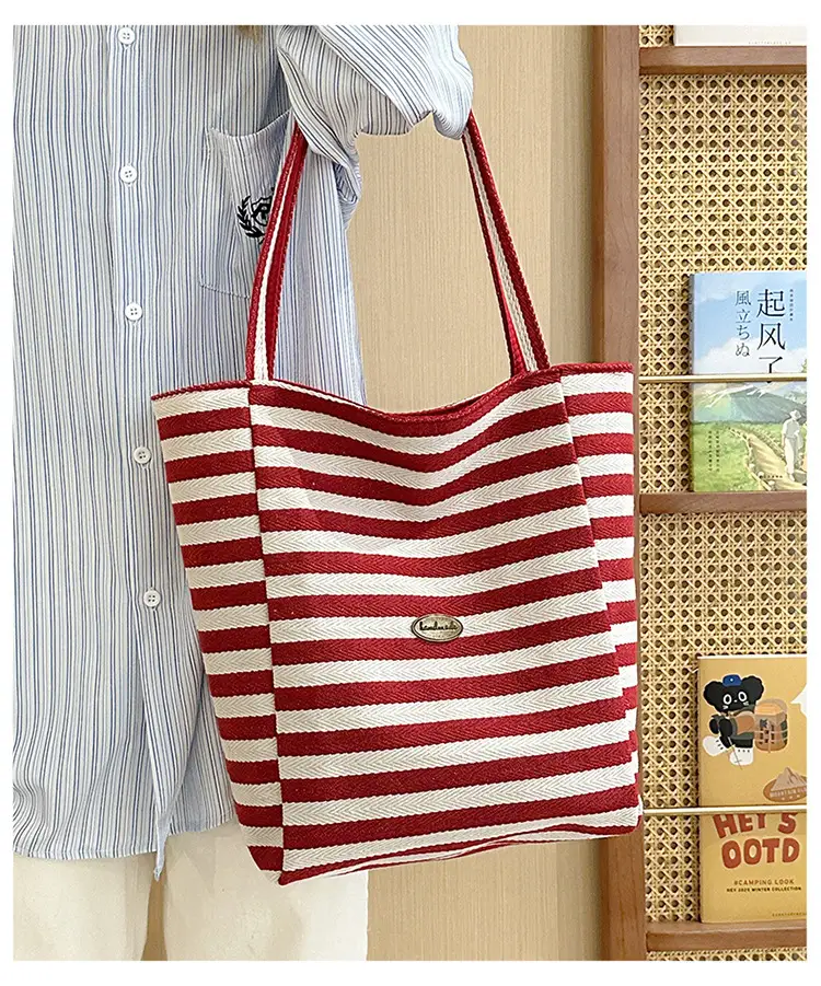 Blue Striped Canvas Shoulder Tote Bag 2025 Korean Style — feature 8