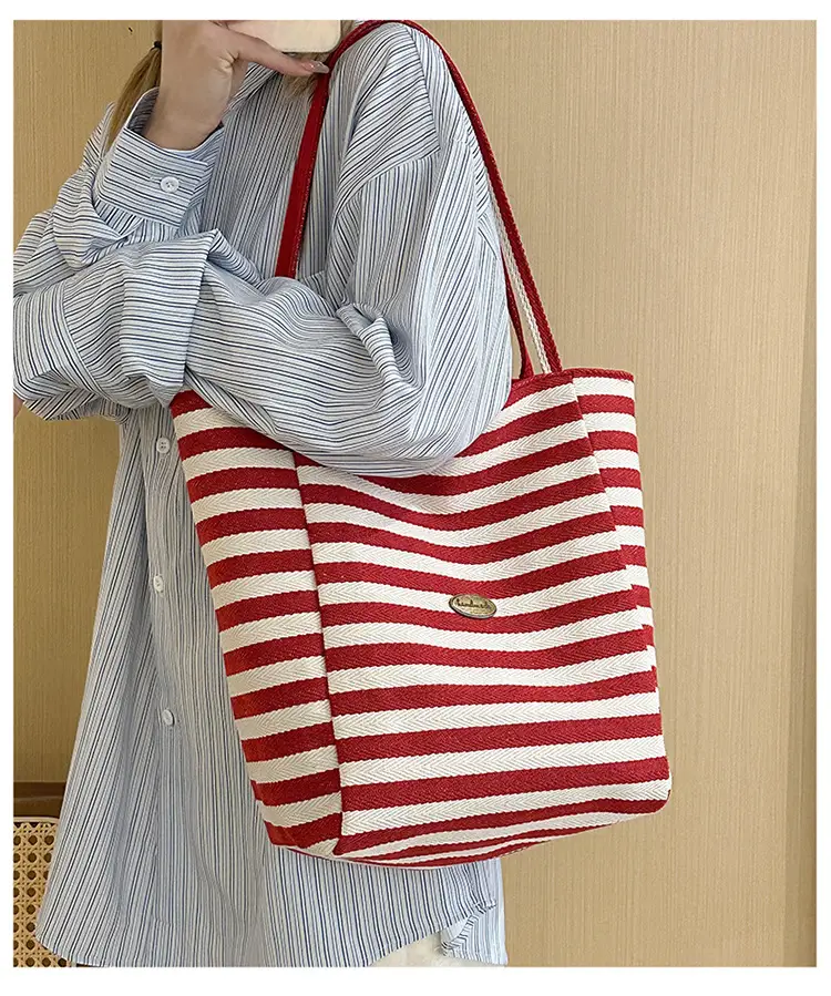 Blue Striped Canvas Shoulder Tote Bag 2025 Korean Style — feature 9