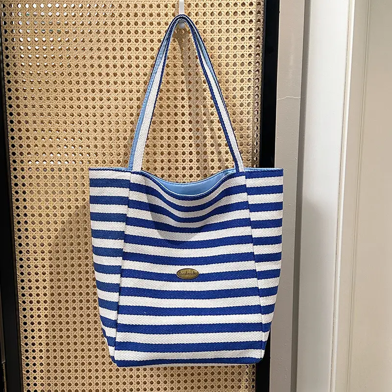 Blue Striped Canvas Shoulder Tote Bag 2025 Korean Style - Image 2