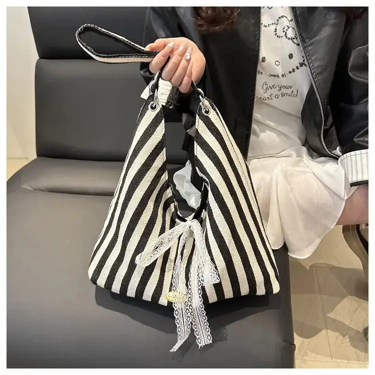 Striped Double Sided Tote Bag Black White — feature 15
