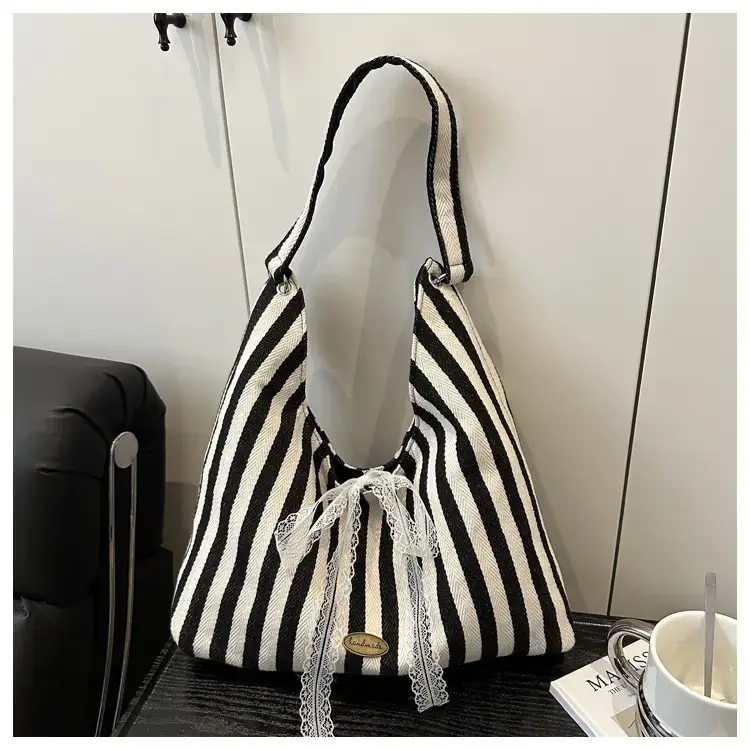 Striped Double Sided Tote Bag Black White — feature 23