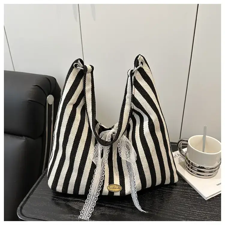 Striped Double Sided Tote Bag Black White — feature 25