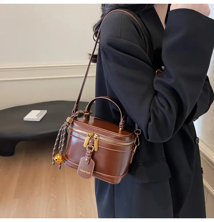 Brown Leather Crossbody Bag for Women with Gold Zippers — feature 24