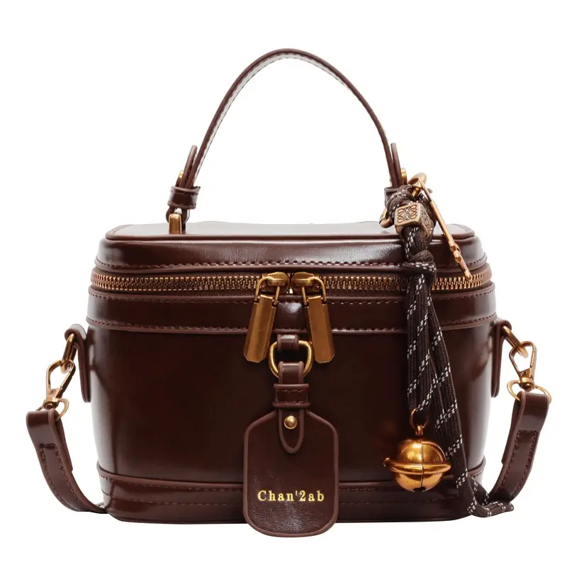 Brown Leather Crossbody Bag for Women with Gold Zippers - Image 3