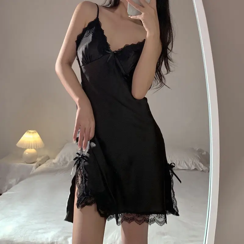 Spring and Summer New Private Lace Sexy Pajamas Women's Satin Chiffon Sling Nightgown Hot Temptation Home Clothes Pure Desire