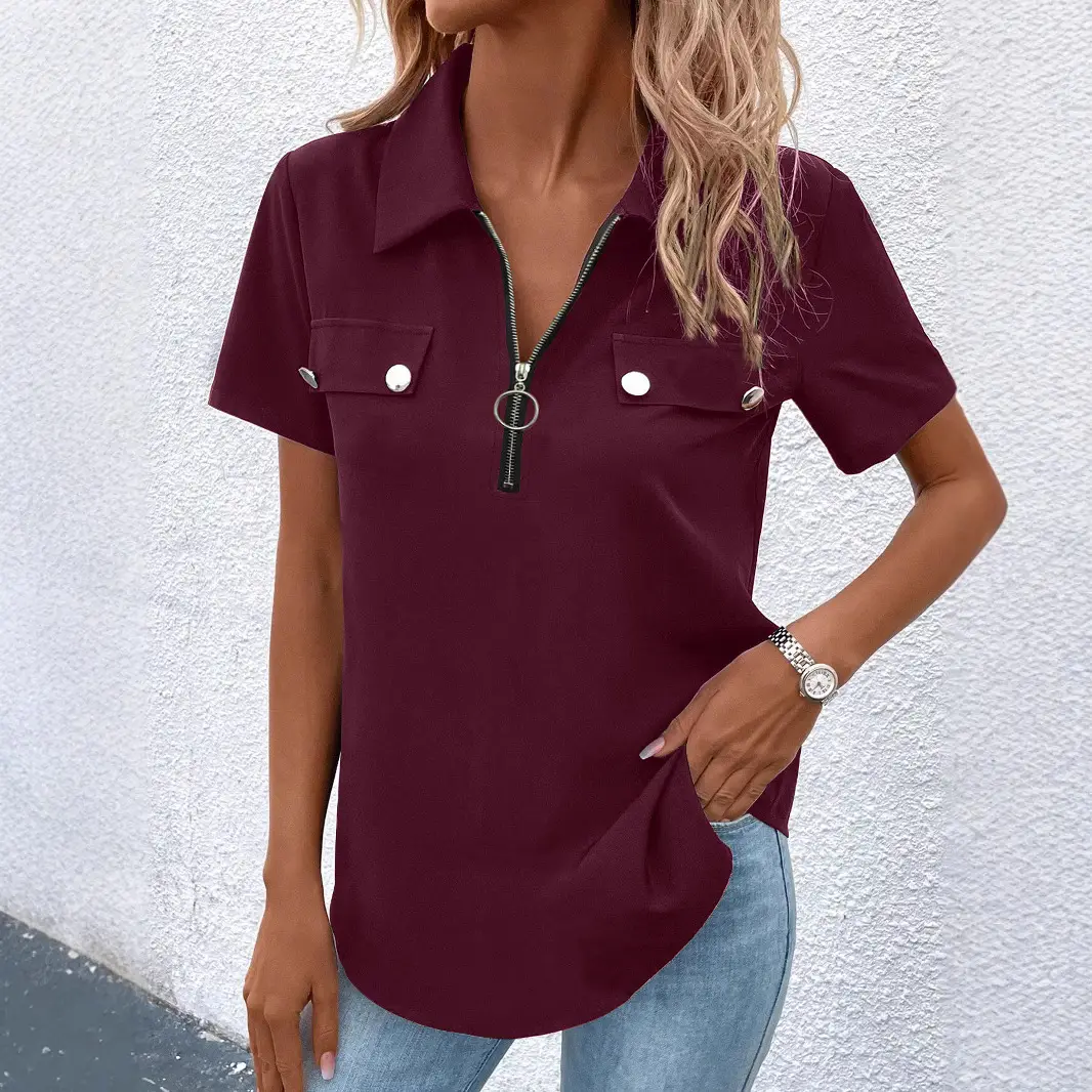 Women Blue Zipper Button Polo Shirt Summer Casual Wear - Image 7