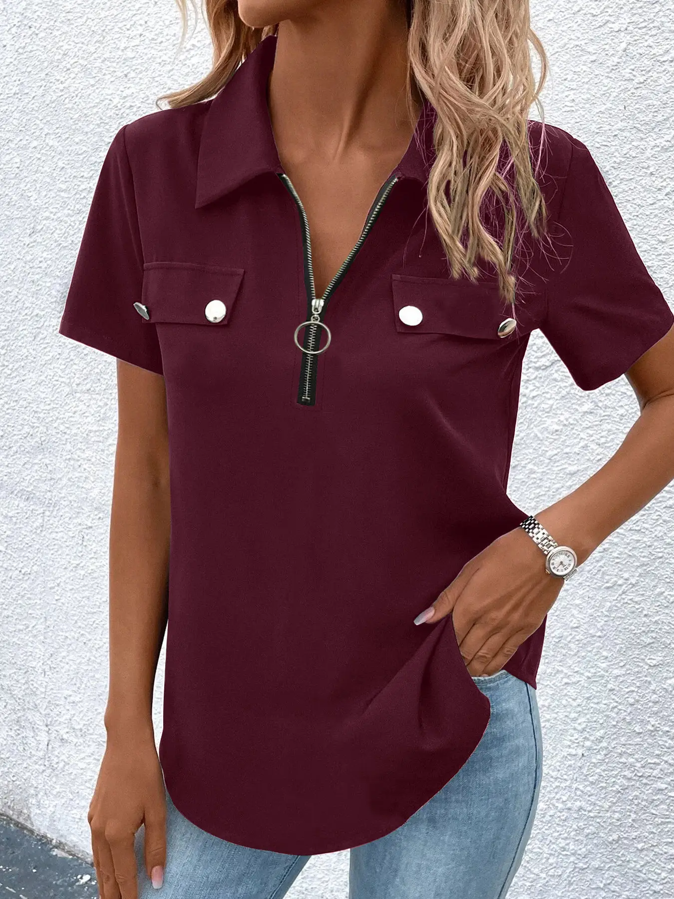 Women Blue Zipper Button Polo Shirt Summer Casual Wear - Image 2