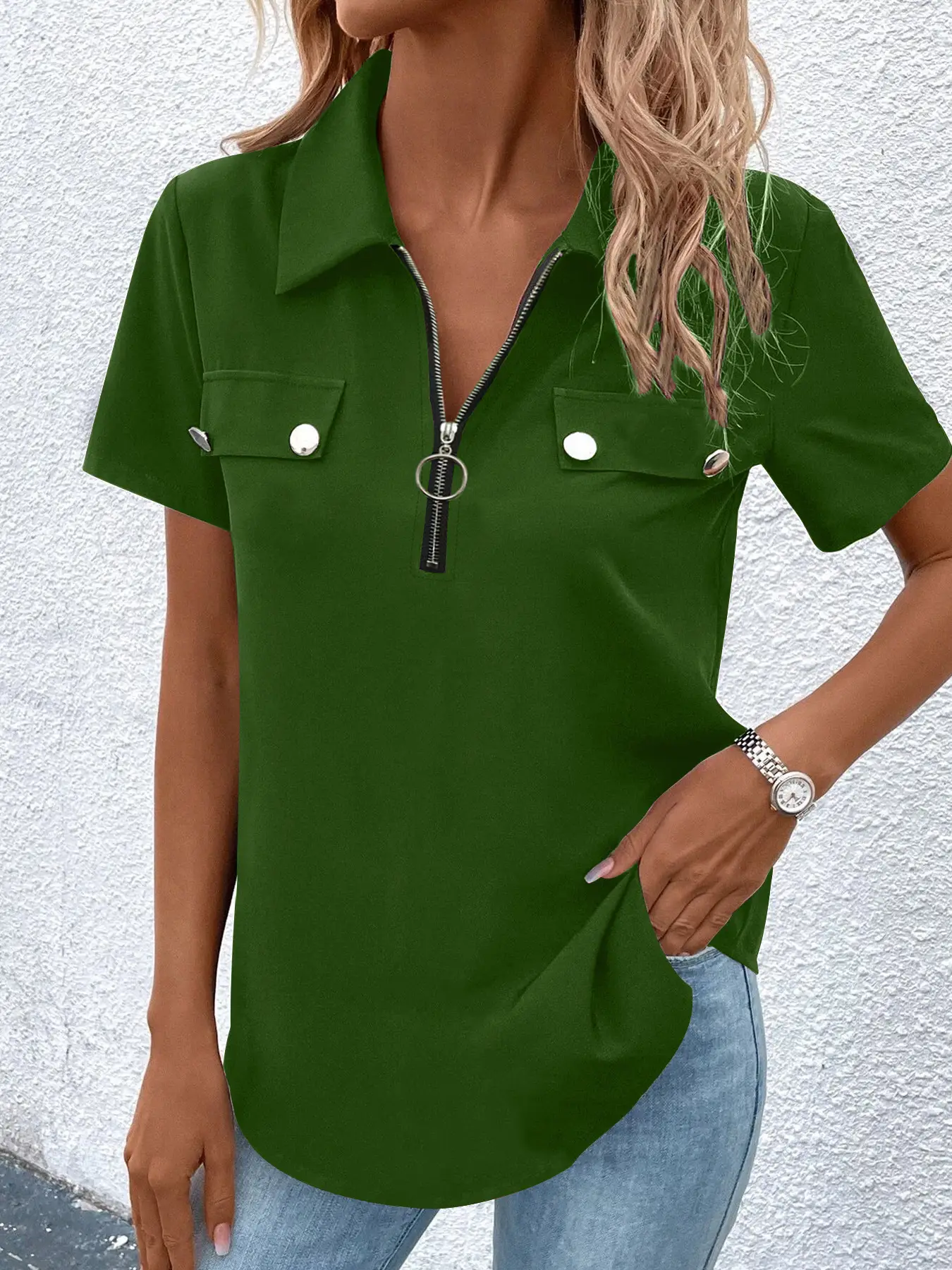 Women Blue Zipper Button Polo Shirt Summer Casual Wear - Image 3