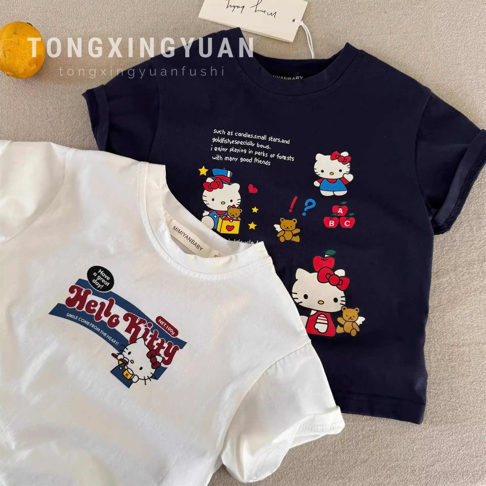 Children's Cartoon Kt Cat T-Shirt Navy White 2025 Summer - Image 3