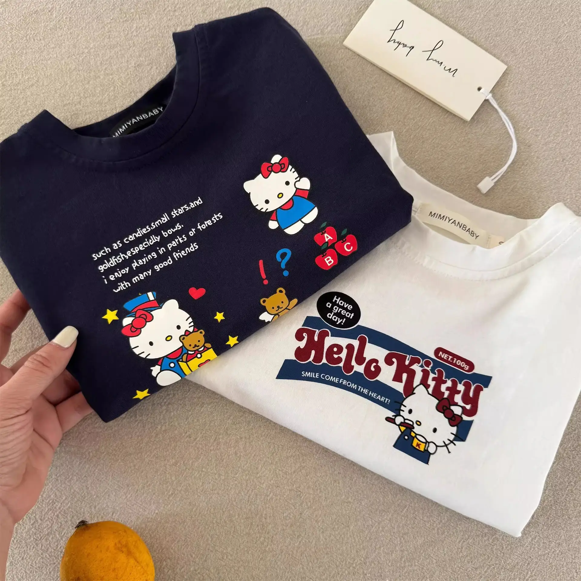 Children's Cartoon Kt Cat T-Shirt Navy White 2025 Summer - Image 4