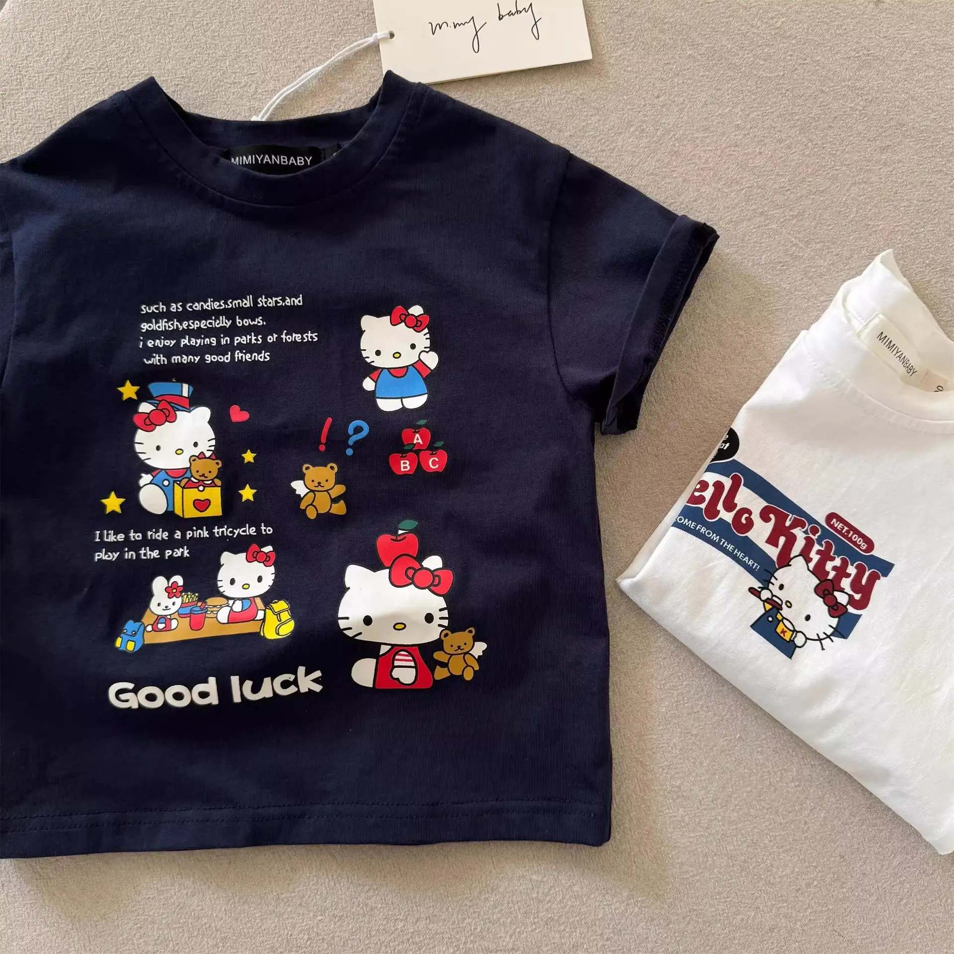 Children's Cartoon Kt Cat T-Shirt Navy White 2025 Summer - Image 6