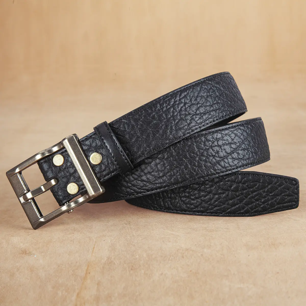 Men's Black Leather Belt with Silver Buckle - Image 3