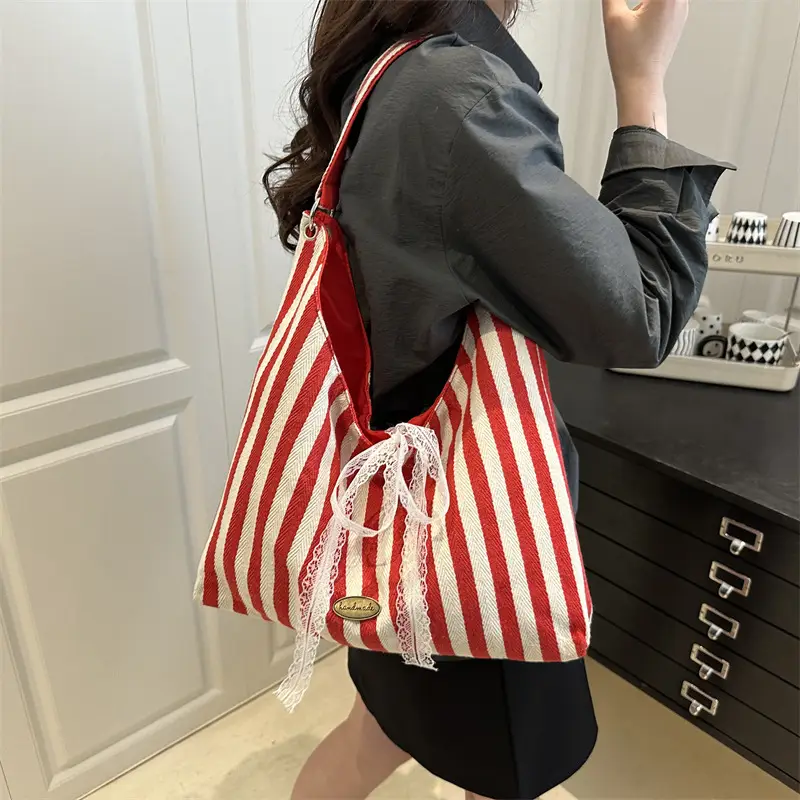 Women Red White Striped Lace Bow Tote Bag - Image 3